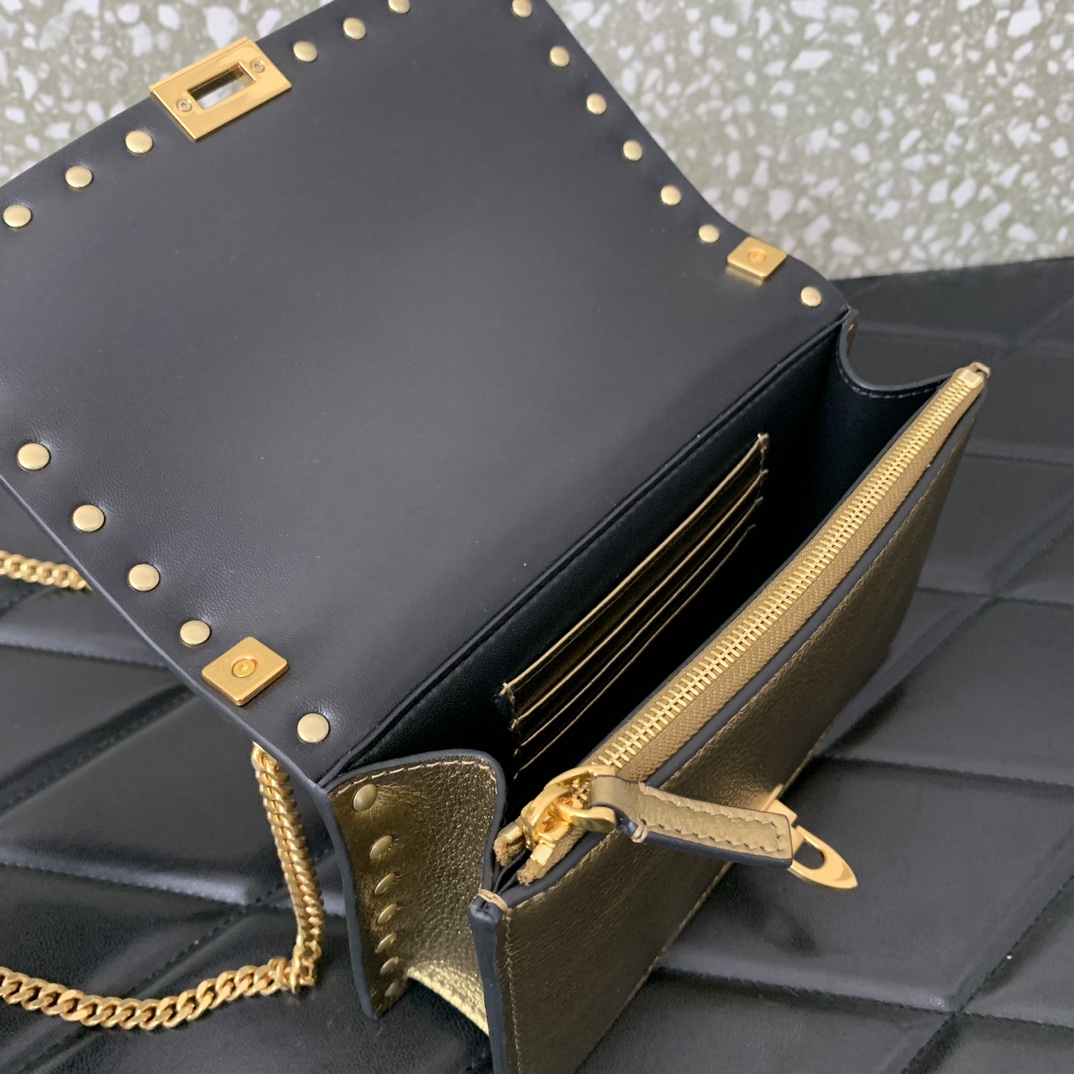 Valentino Garavani Rockstud Small Shoulder Bag in Gold Grainy Calfskin